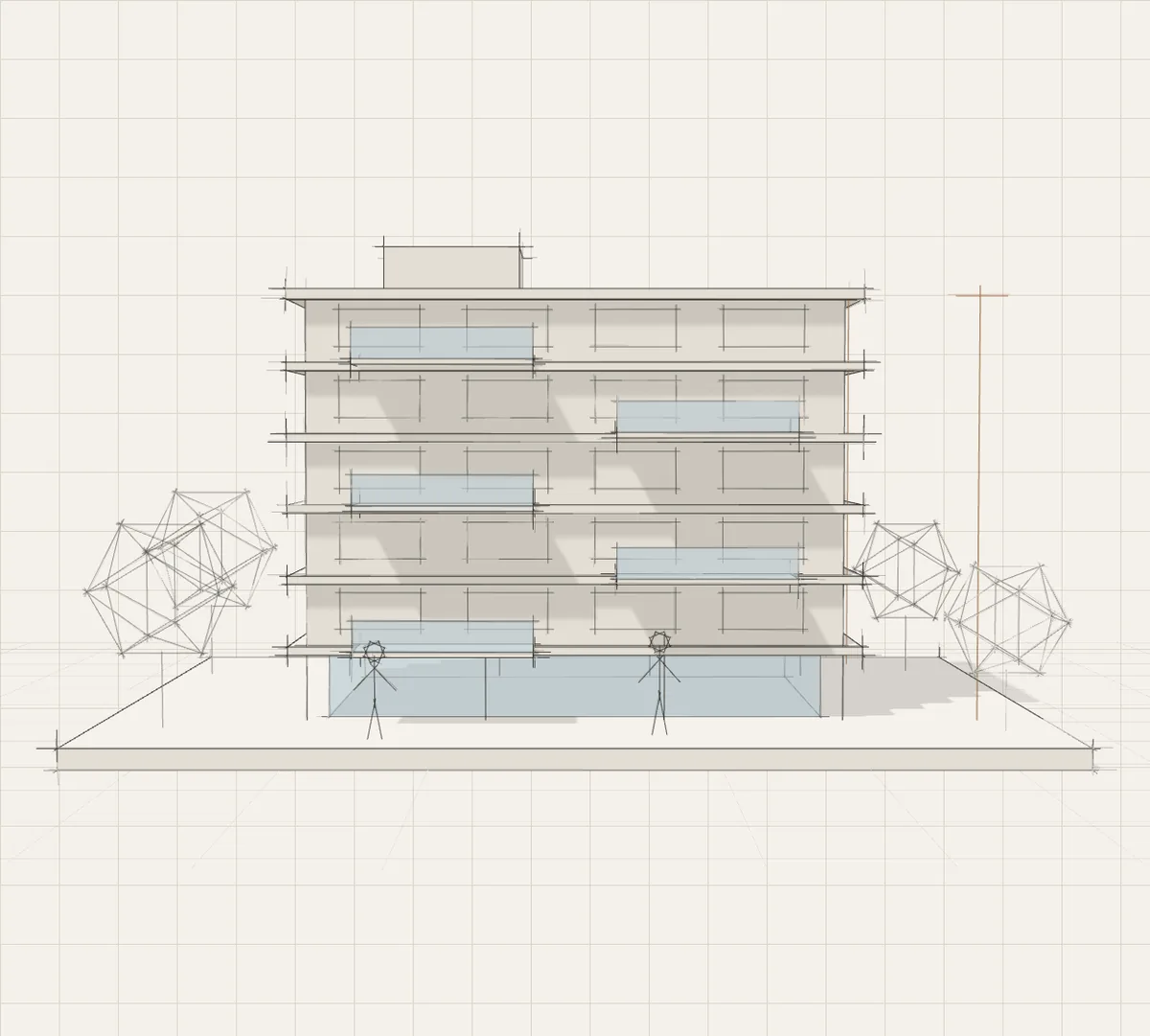 A pencil-style front elevation of a six-storey apartment building with ribbon windows, balconies with glass railings and a height dimension