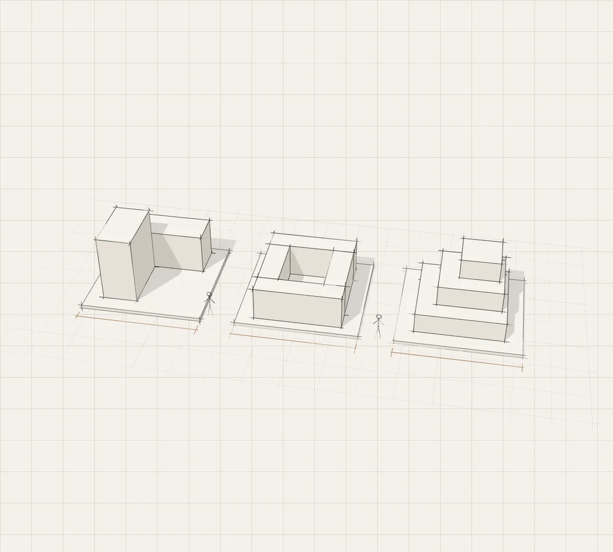 A massing study model comparing three building options: an L-shape, a courtyard block and stepped terraces