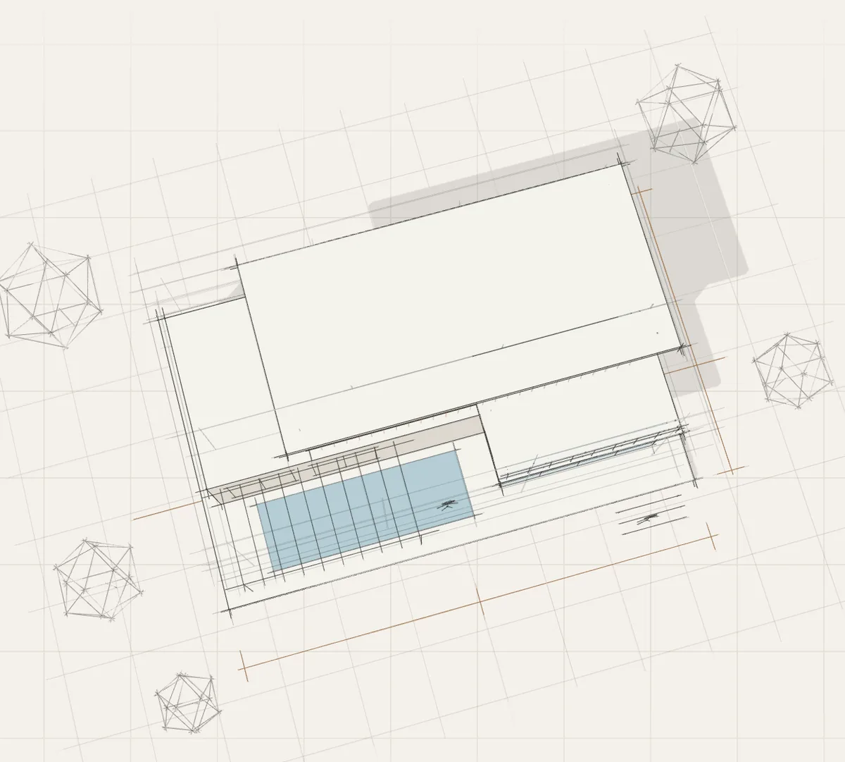 An aerial sketch of a villa showing the roof, terrace, pool, structural grid and dimension lines
