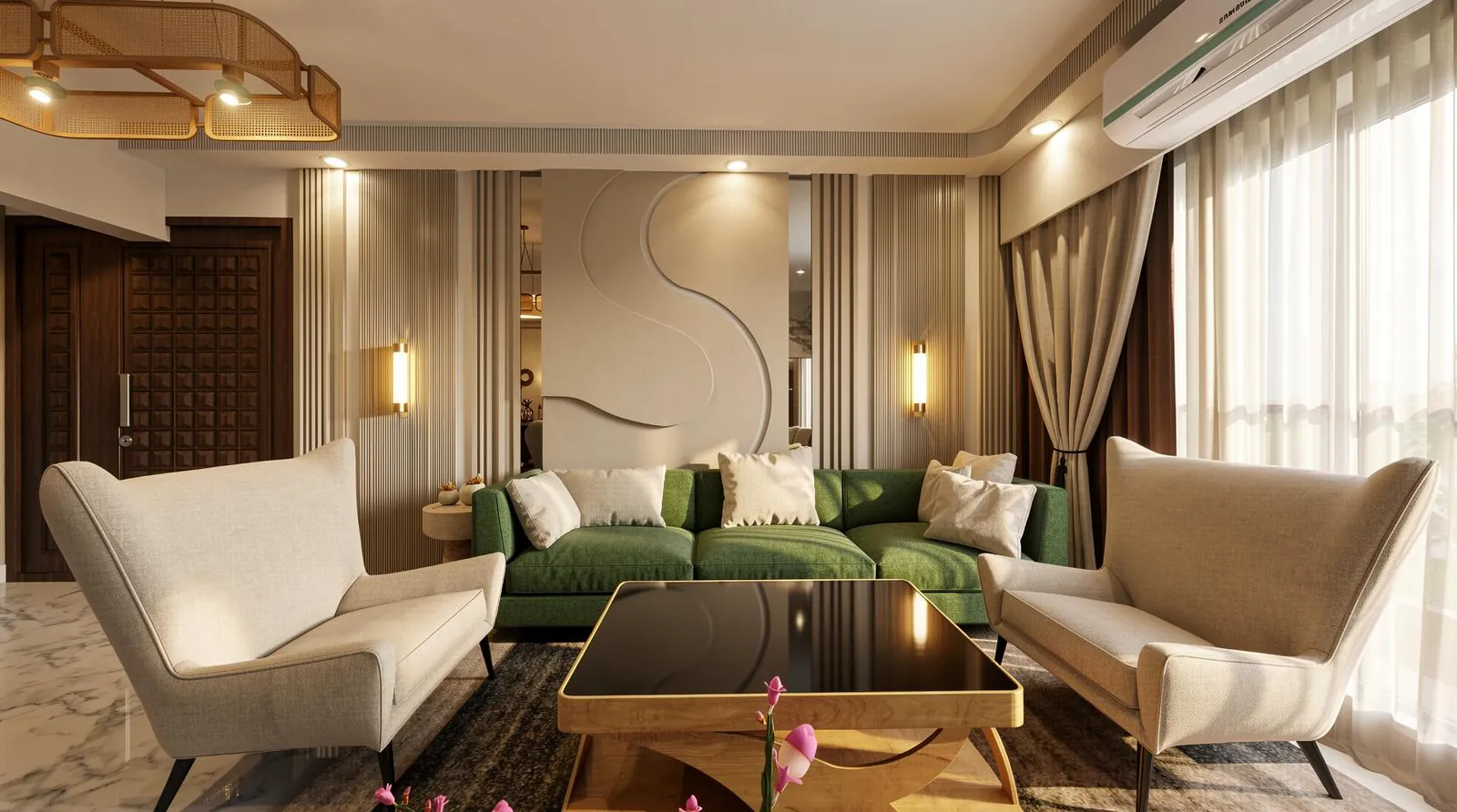 A lounge with a green sofa, two cream wingback armchairs, a curved wall relief and a timber coffee table