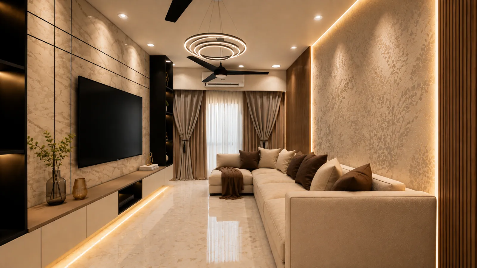 A narrow living room with a marble and timber TV wall, a cream sectional sofa, a ring pendant light and a textured feature wall lit by a cove light