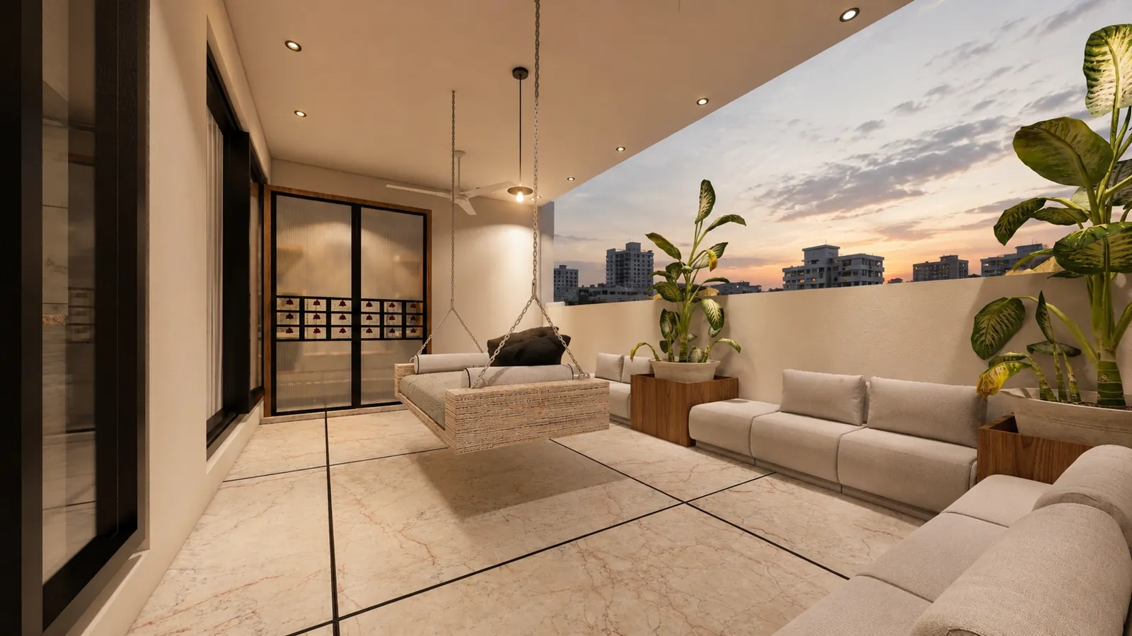 The terrace from the other side, with the hanging swing, low cream sofas along the parapet, planters and a glazed sliding door