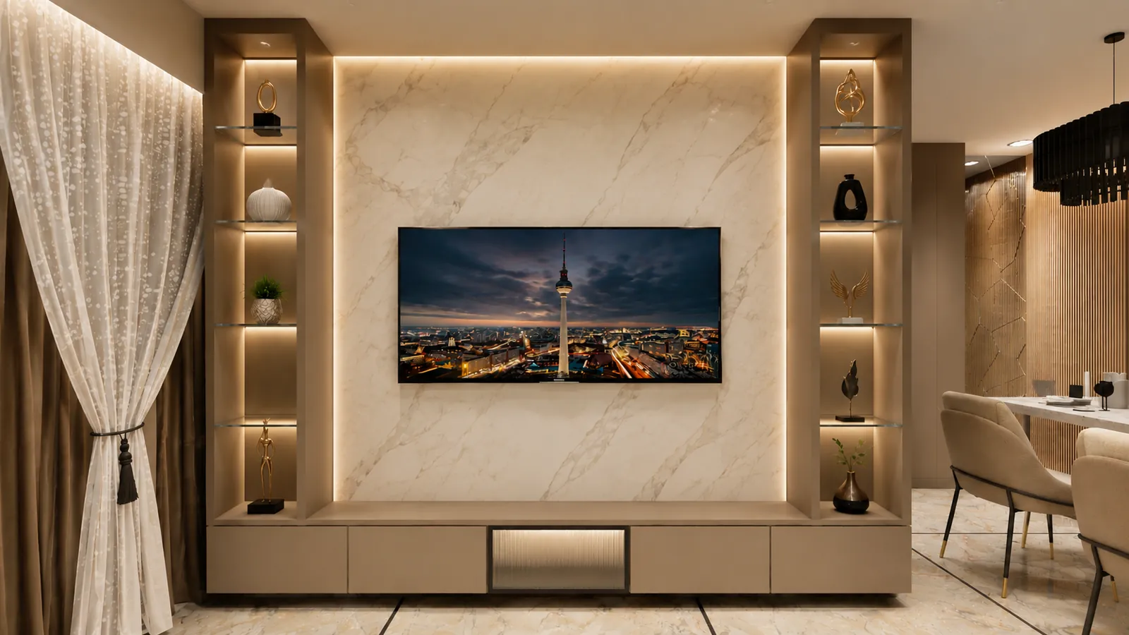 A living room TV wall in marble-look panelling with backlit display niches, a low cabinet, sheer curtains and the dining area beside it