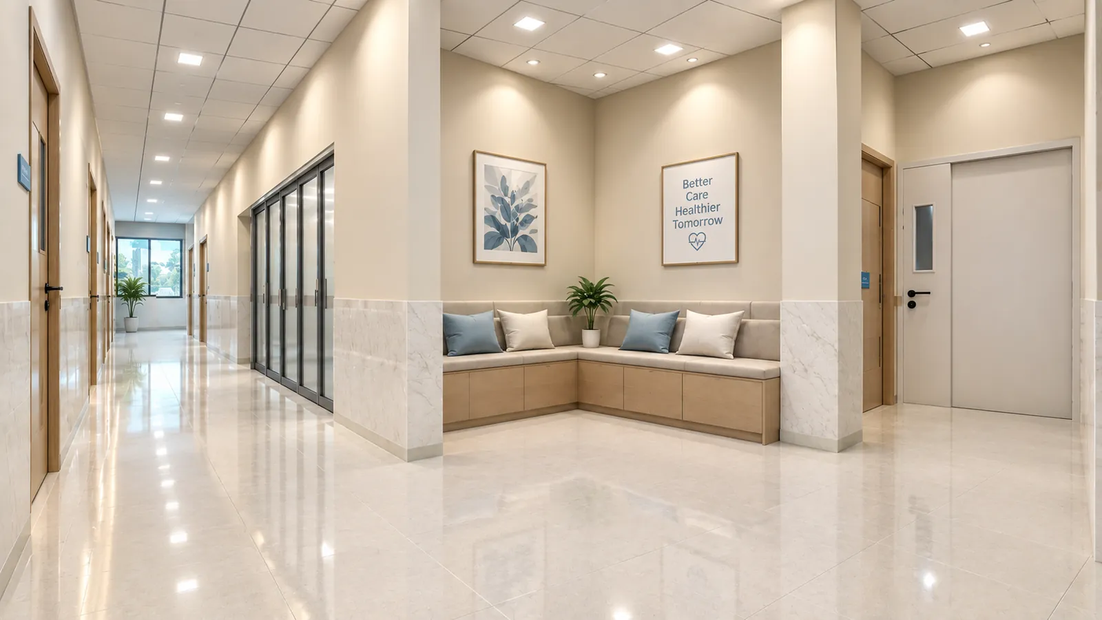 A bright corridor with built-in seating, a marble wall dado, framed art and recessed ceiling lights